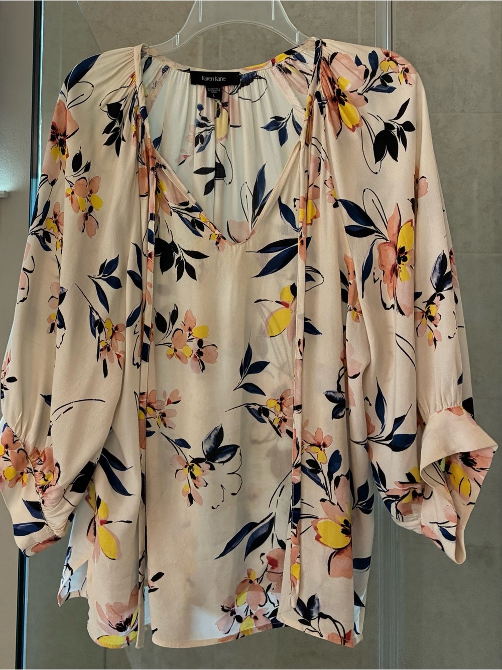 Karen Kane Cream Floral Tie-Front Blouse with Navy & Yellow Accents